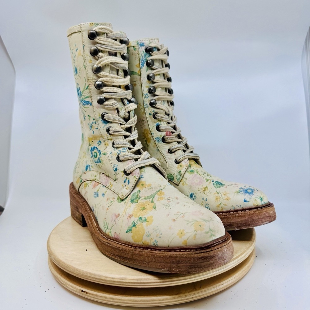 Free People Santa Fe Leather Boots Shoes 41 10 Boho Western Moto floral ivory - Picture 2 of 8